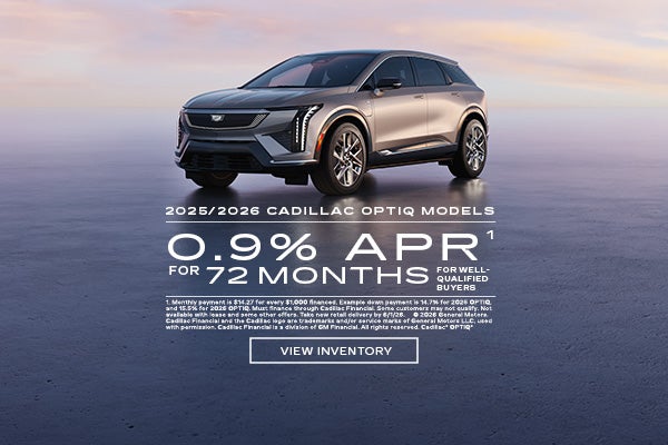2025 and 2026 Cadillac OPTIQ. 0.9% APR for 72 months.